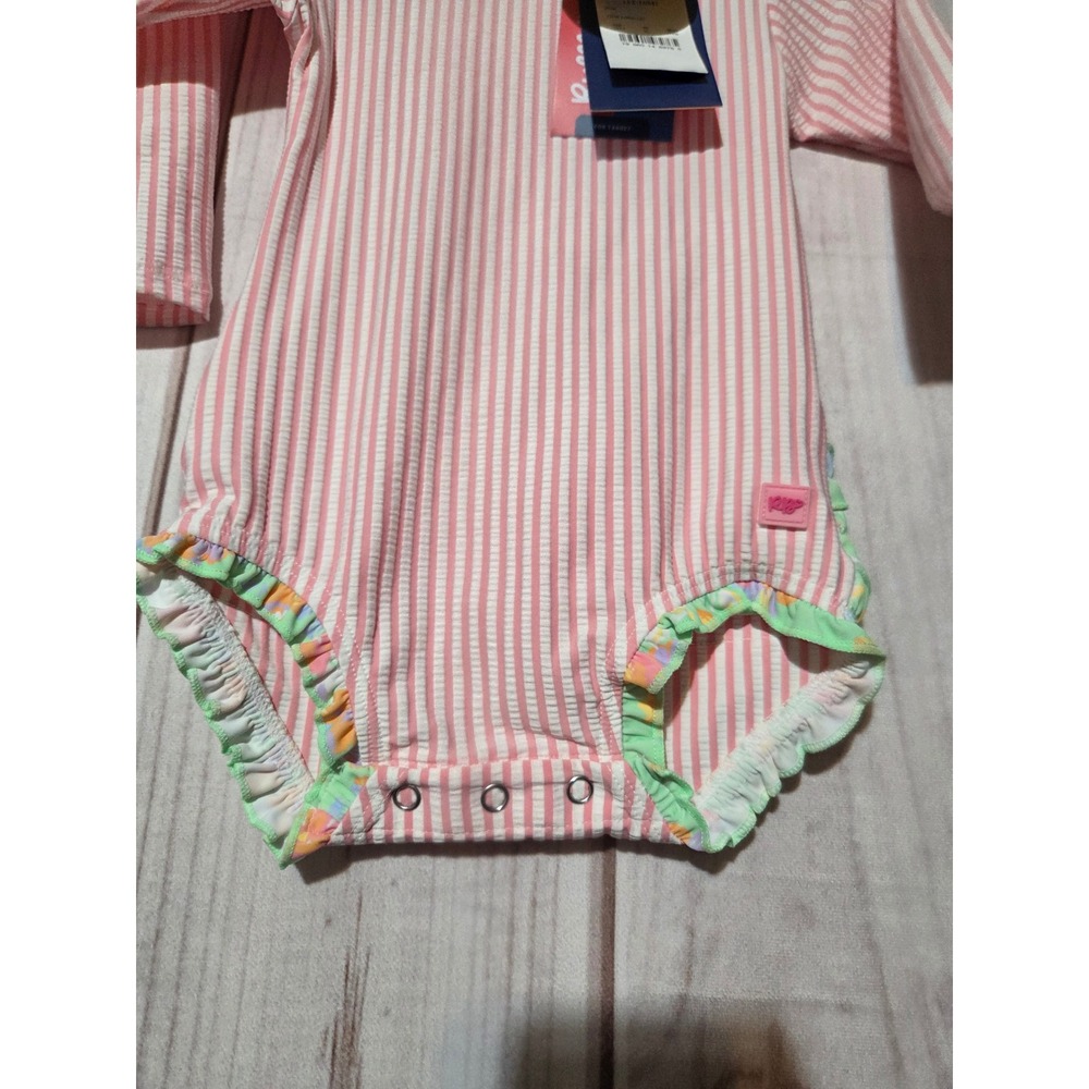 RuffleButts Pink Seersucker Long Sleeve Rash Guard‎ Swimsuit UPF 50+ 12-18M